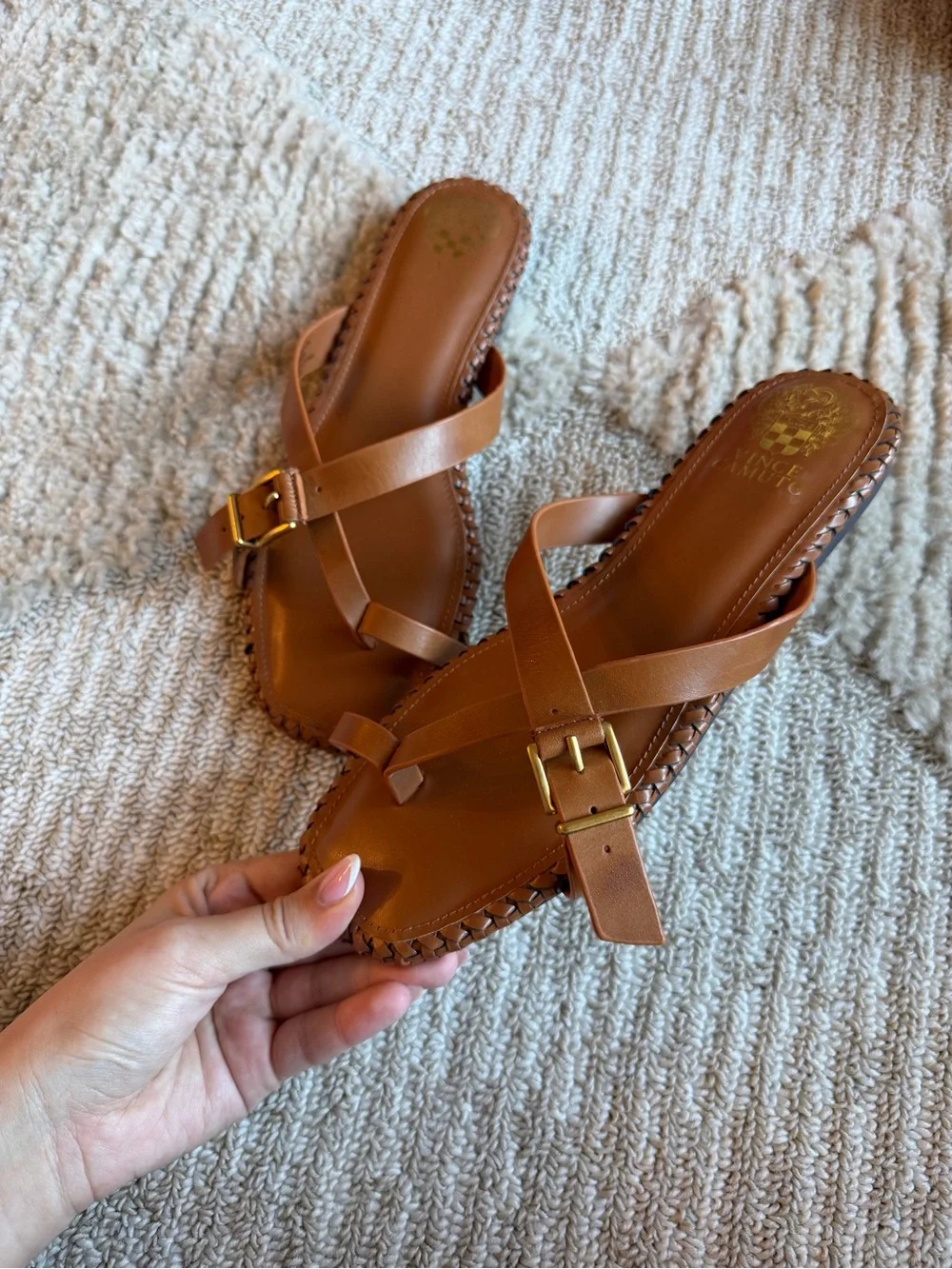 Vince Camuto‎ Tan Leather Cross-Strap Slide Sandals with Gold Buckle